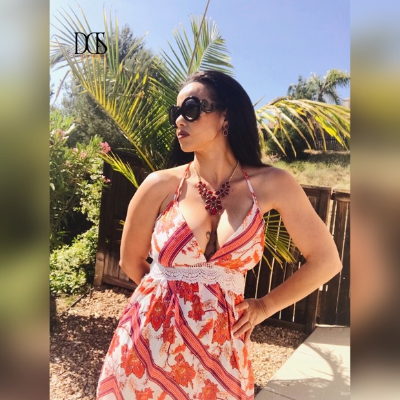 Sassy - Red Floral Maxi Dress w/ Lace Trim - Picture 7 of 8